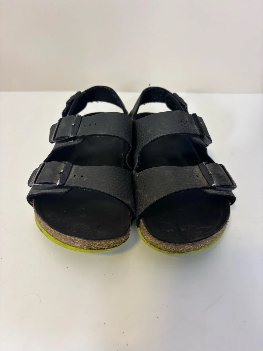 Birkenstock Kids Black Triple Buckle Sandals with Neon Green Sole Kids 13-13.5